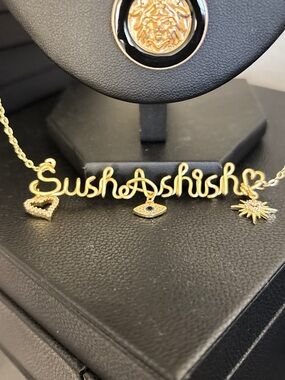 Handmade Gold Nameplate Necklace with Custom Script and Charms - Gold